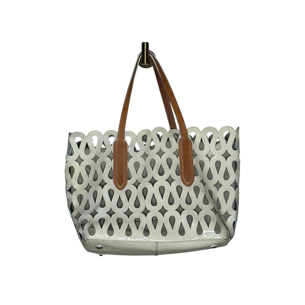 Sondra Roberts Cream Patent Leather Laser‎ Cut Tote Bag Tan Scalloped Edge